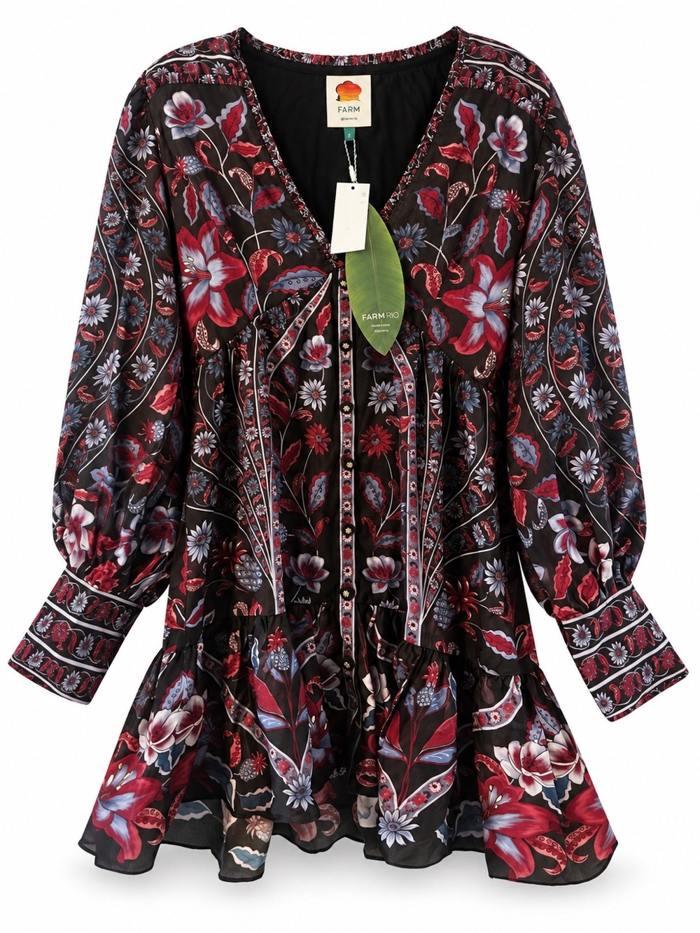 FARM Rio Marcelle Black Floral Long Sleeve Mini Dress NWT Small